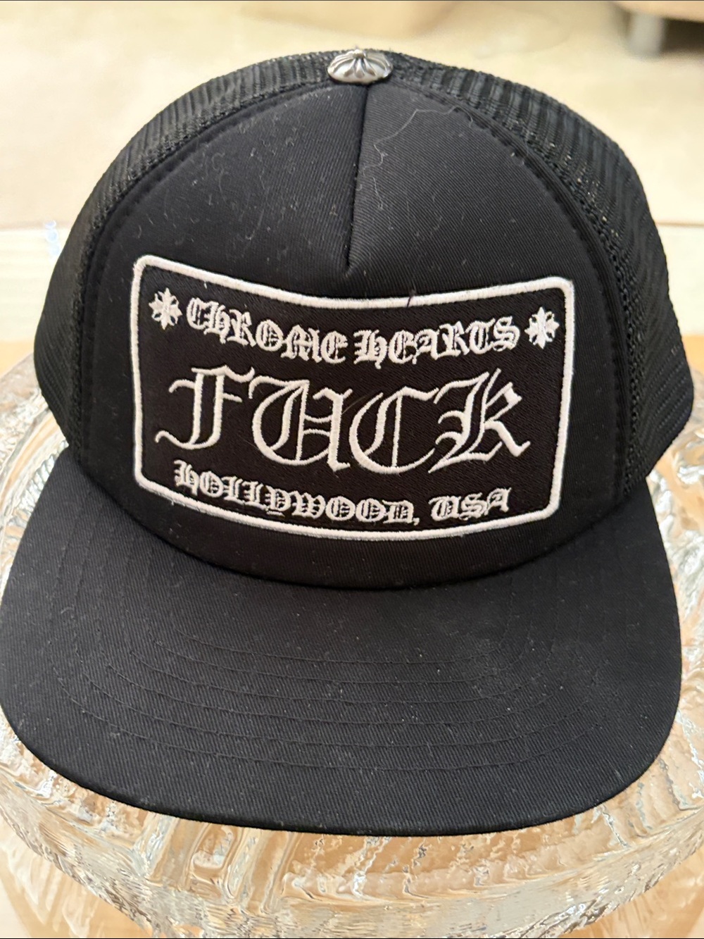Chrome Hearts F**K Hollywood USA Black Cap with White Embroidered Patch